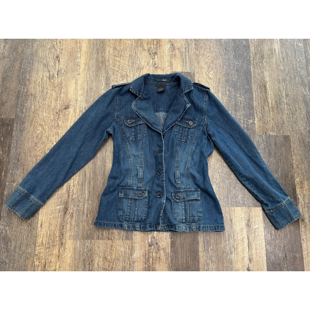 French Cuff Women Medium Wash Denim Blazer Jacket Utility 4-Pocket Cotton Size M
